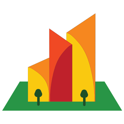 bma designers logo containing three yellow and orange tall building icons with green grass yard and two little tiny trees